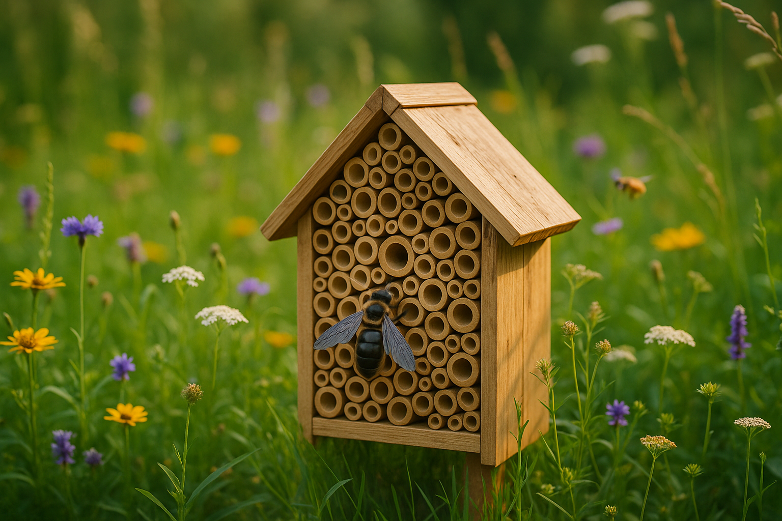 Hôtel à insectes artisanal au cœur d’un jardin fleuri.