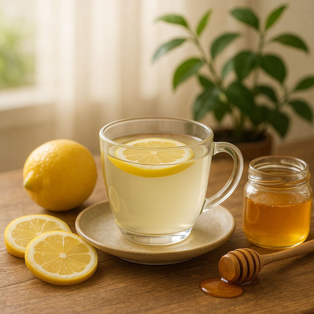Une tasse d'eau chaude au citron et miel, symbole de réconfort et de santé.