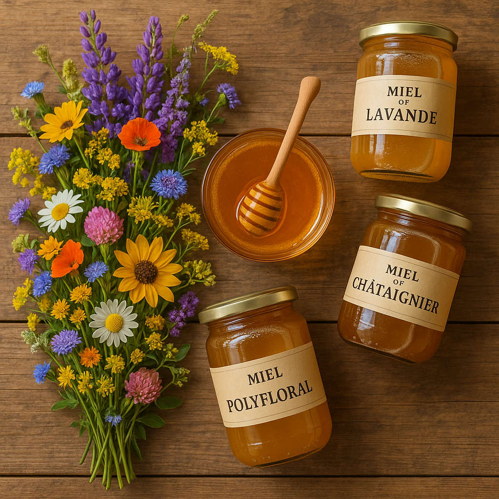 Bouquet de fleurs sauvages colorées avec des pots de miel sur une table en bois.
