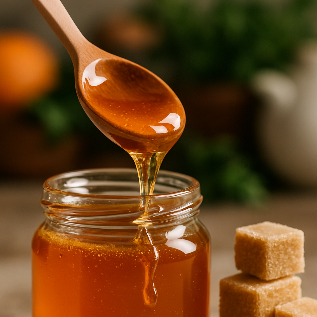 Une cuillère en bois avec du miel coulant à côté de morceaux de sucre, illustrant le remplacement du sucre par le miel.