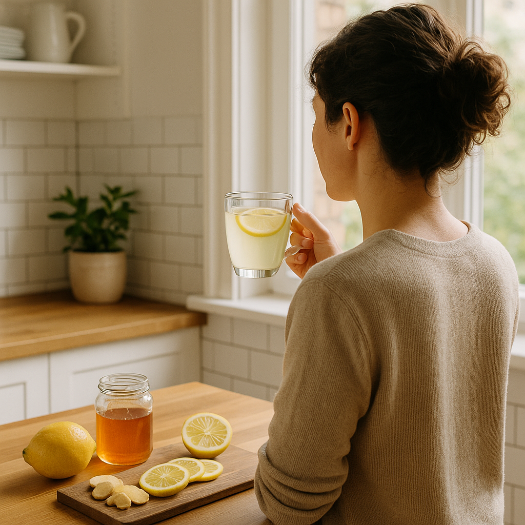 Dégustation d'une tasse d'eau chaude au citron et miel pour un moment de bien-être.