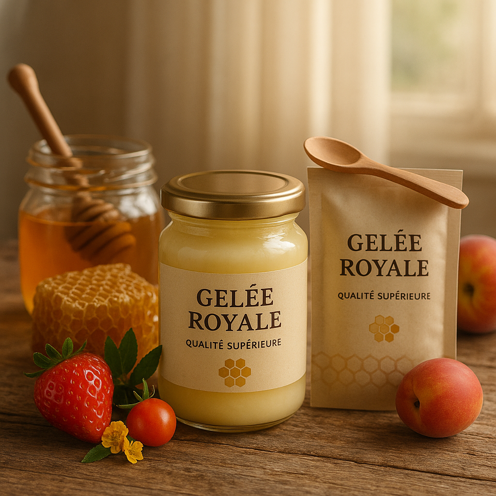 Pot de gelée royale de qualité supérieure sur une table en bois, entouré d'ingrédients naturels