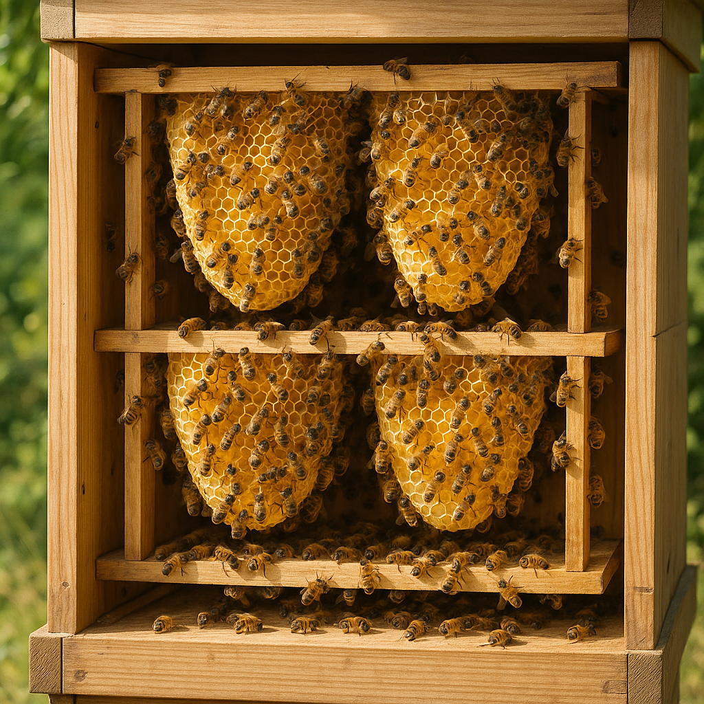 Vue intérieure d'une ruche Warré, mettant en avant son fonctionnement efficace et respectueux des abeilles.