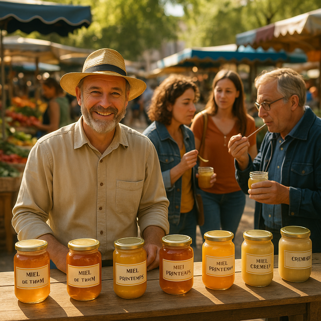 Un apiculteur souriant au marché local présente des pots de miel sur une table en bois.